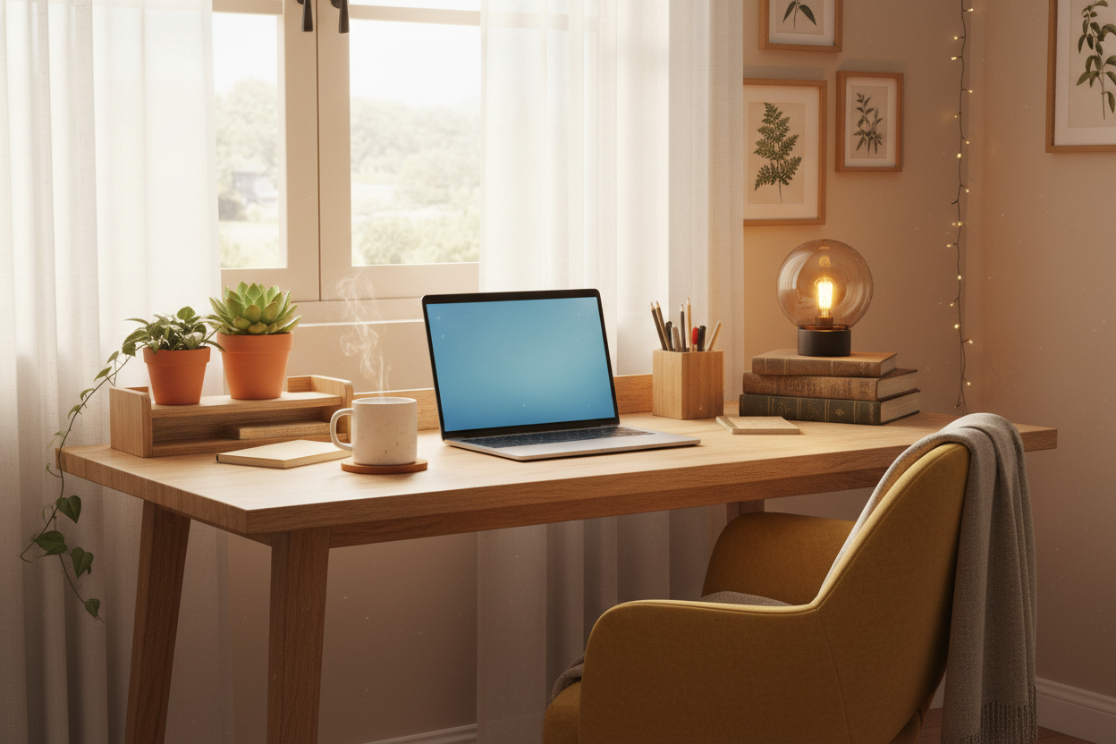 cozy home desk setup
minimal bedroom nightstand lamp aesthetic